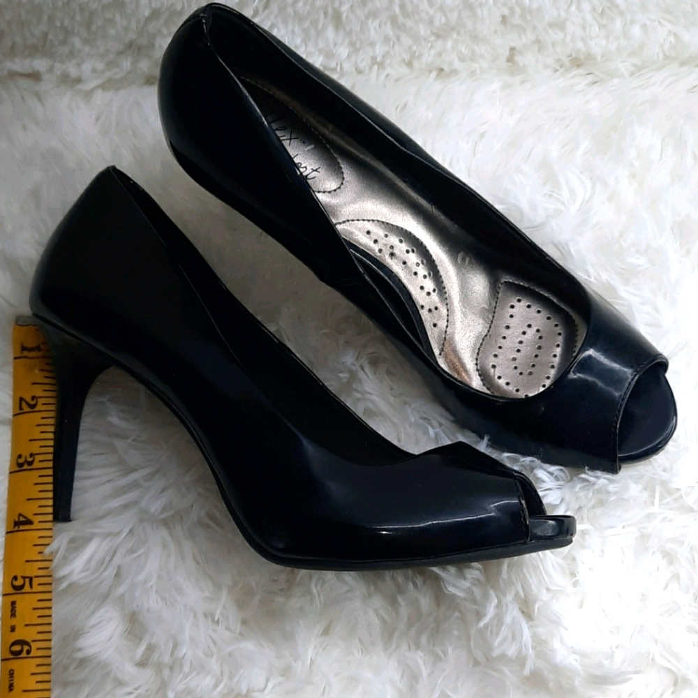 Black open-toe, 4in heels, size 8